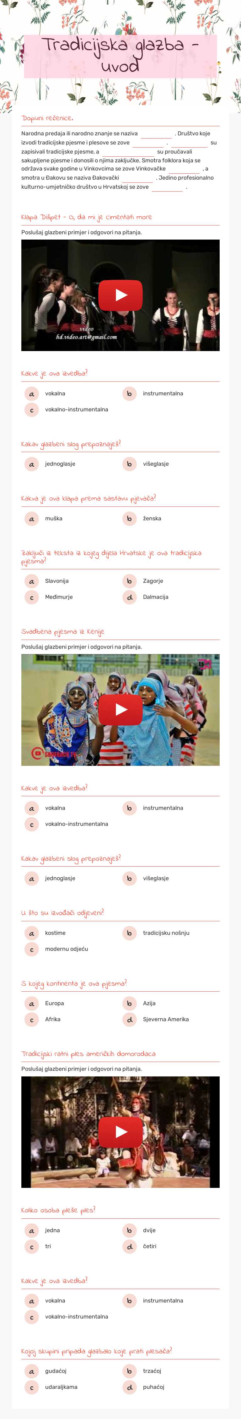 Tradicijska glazba - uvod worksheet preview image