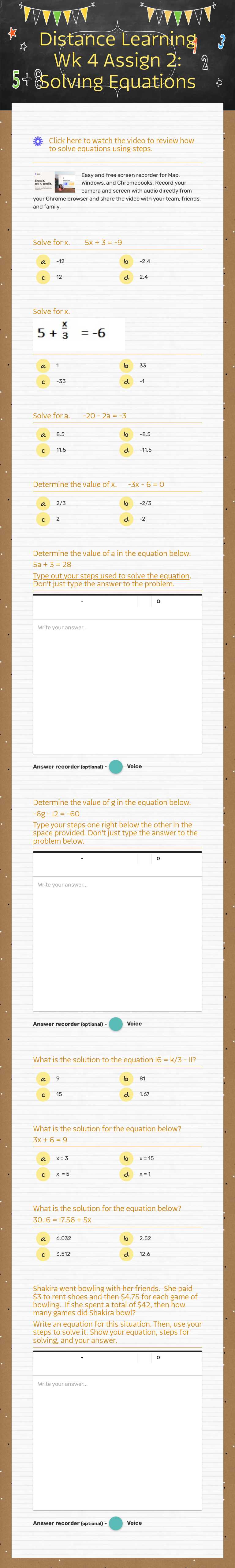 Distance Learning Wk 4 Assign 2: Solving Equations Grade 7 worksheet preview