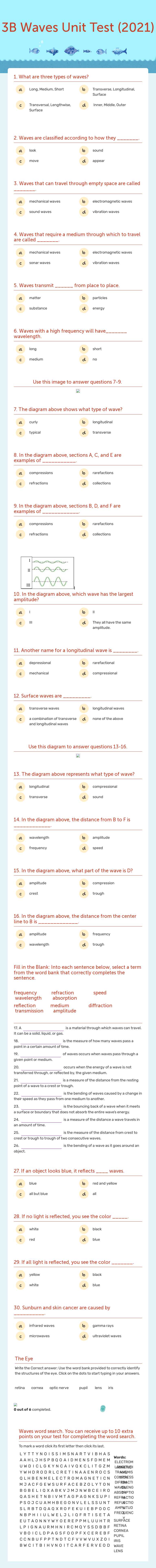 3B Waves Unit Test (2021) worksheet preview image