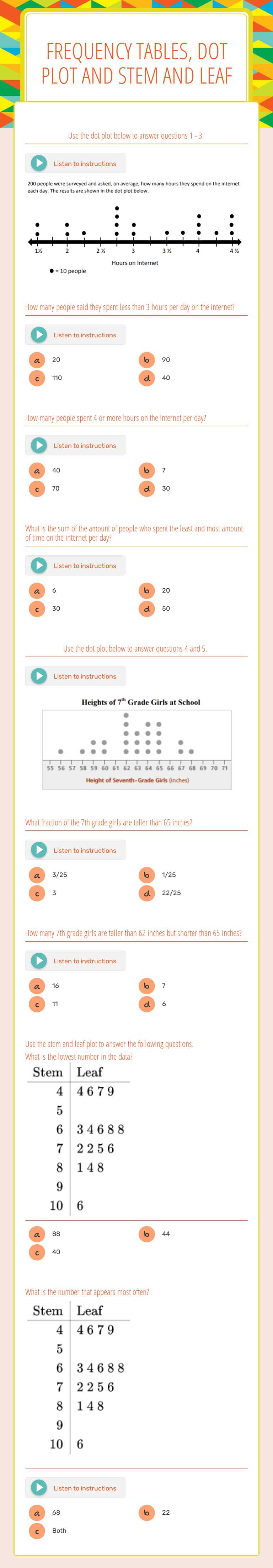 Master data with frequency tables, dot plots, and stem and leaf plots ...