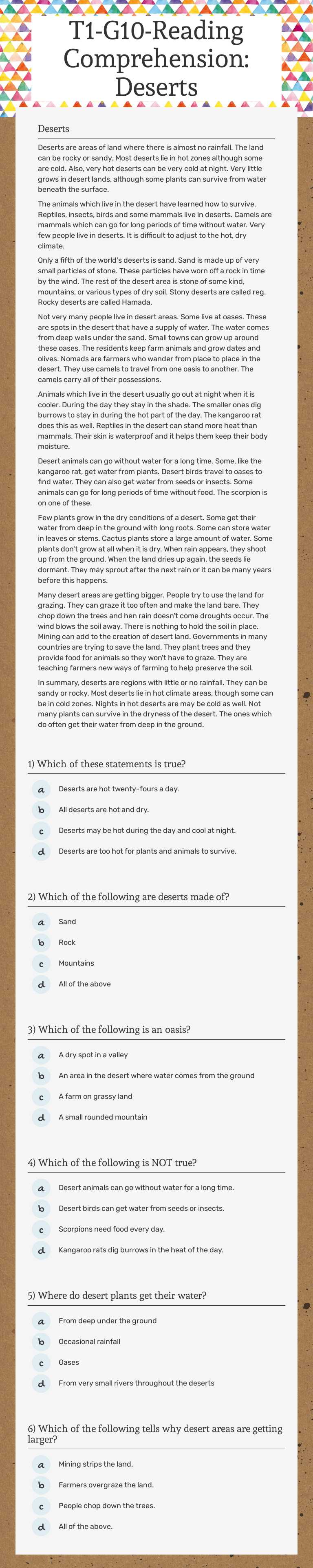 T1-G10-Reading Comprehension: Deserts worksheet preview image