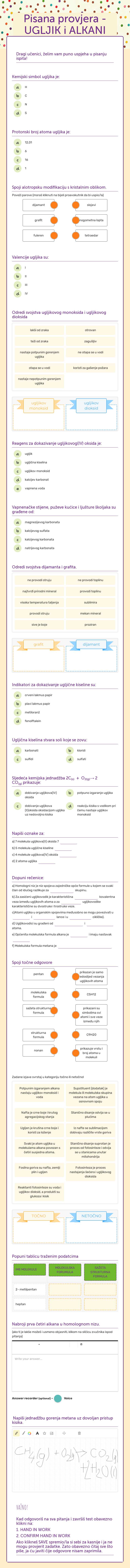Pisana provjera - UGLJIK i ALKANI worksheet preview image