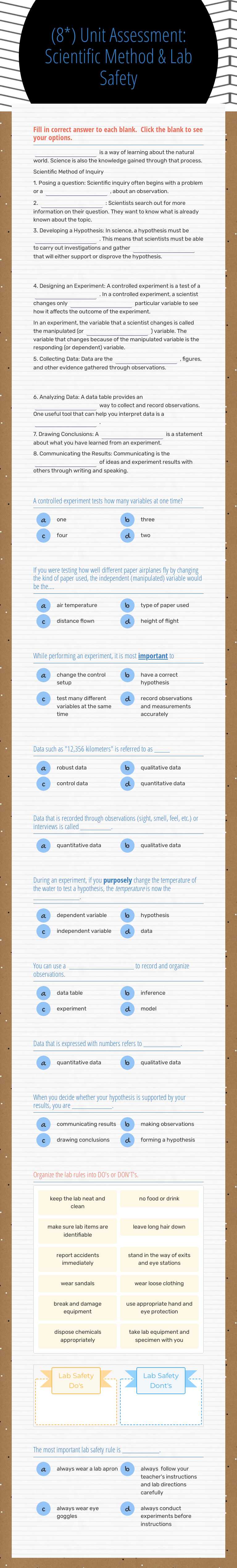 (8*) Unit Assessment: Scientific Method & Lab Safety worksheet preview image