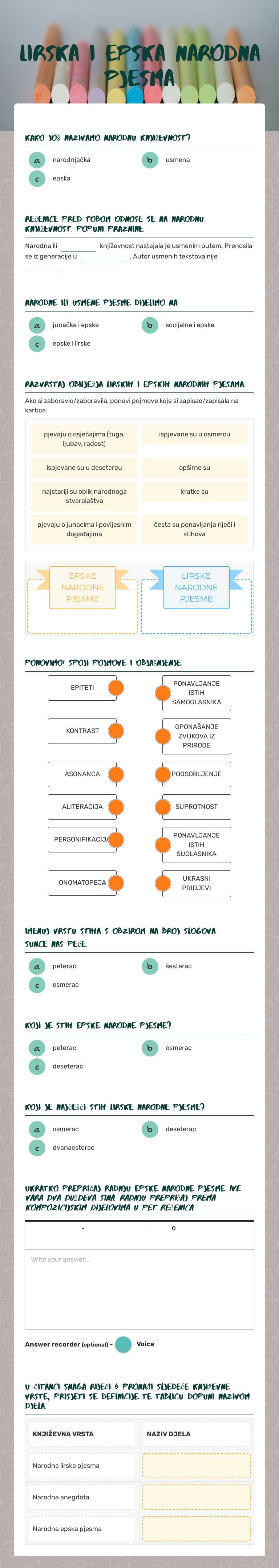 LIRSKA I EPSKA NARODNA PJESMA Grade 6 worksheet preview