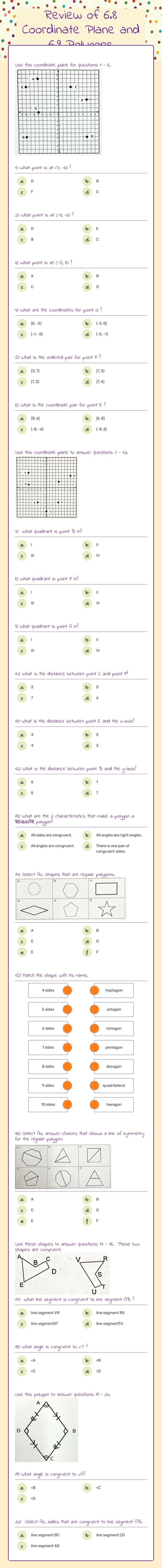 Review of 6.8 Coordinate Plane and 6.9 Polygons worksheet preview image