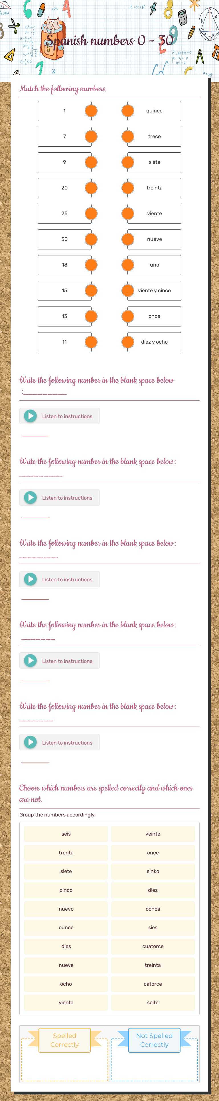 Spanish numbers 0 - 30 worksheet preview image