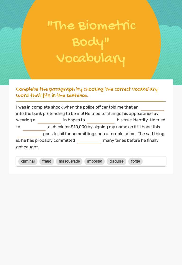 "The Biometric Body" Vocabulary Grade 6 worksheet preview
