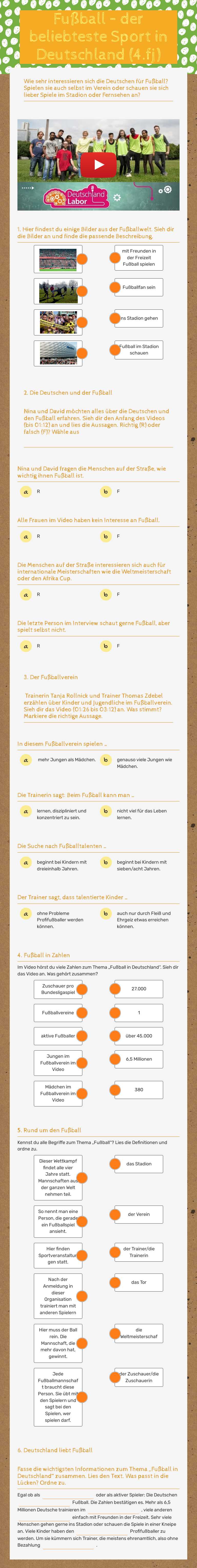 Fußball – der beliebteste Sport in Deutschland (4.fj) worksheet preview image