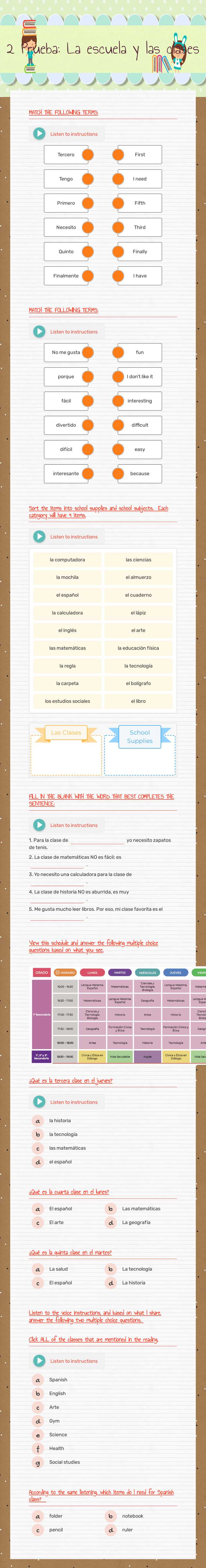 2 Prueba: La escuela y las clases worksheet preview image