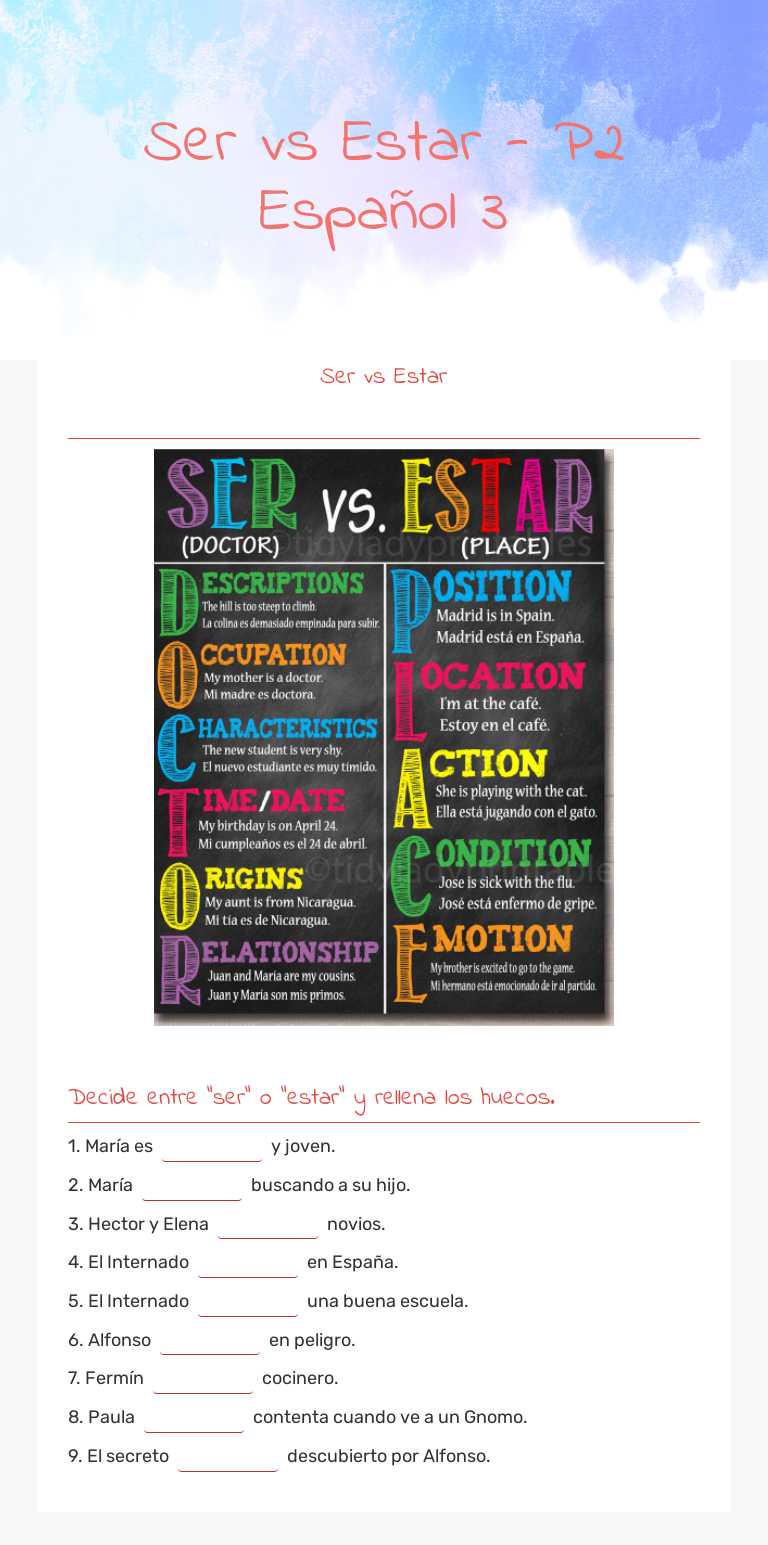 Ser vs Estar - P2 Español 3 worksheet preview image