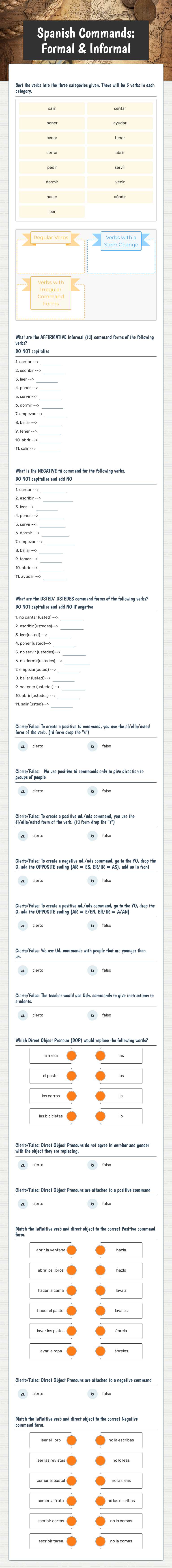 Spanish Commands: Formal & Informal worksheet preview image