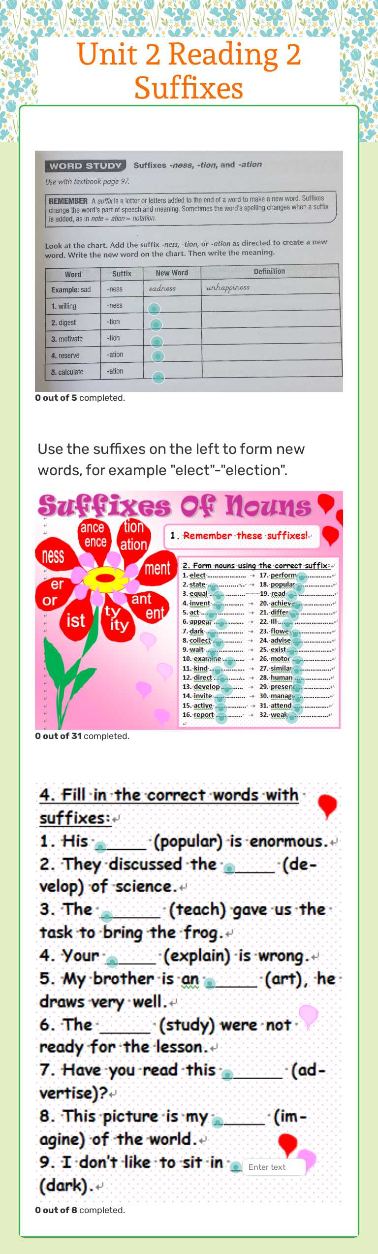Unit 2 Reading 2 Suffixes worksheet preview image