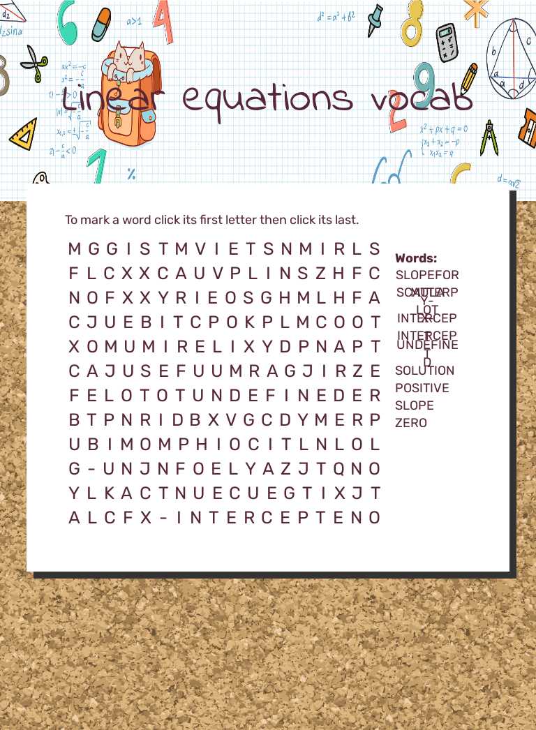 Linear equations vocab worksheet preview image