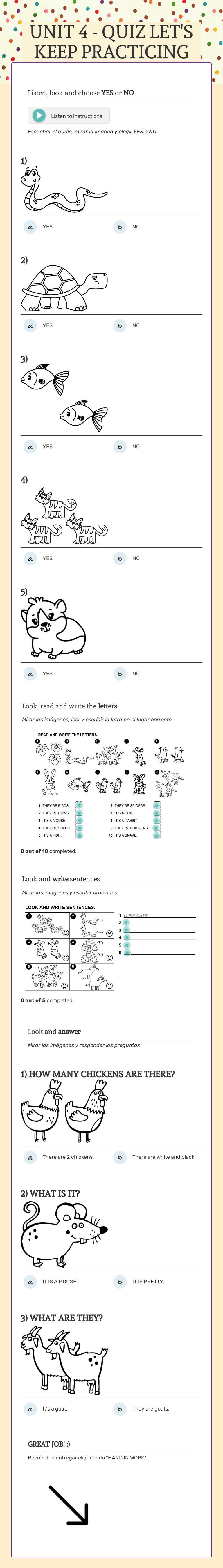 UNIT 4 - QUIZ         
LET'S KEEP PRACTICING Grade 1 worksheet preview