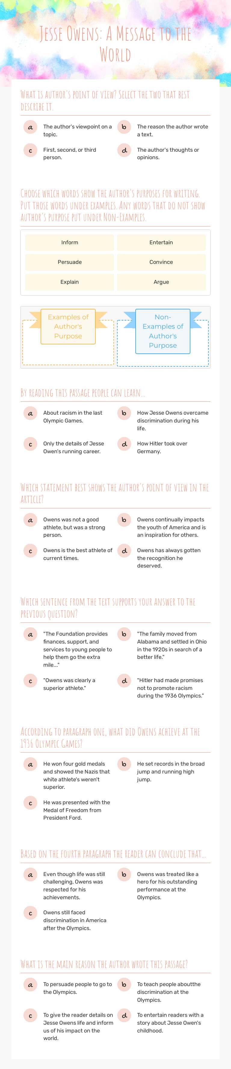 Jesse Owens: A Message to the World worksheet preview image