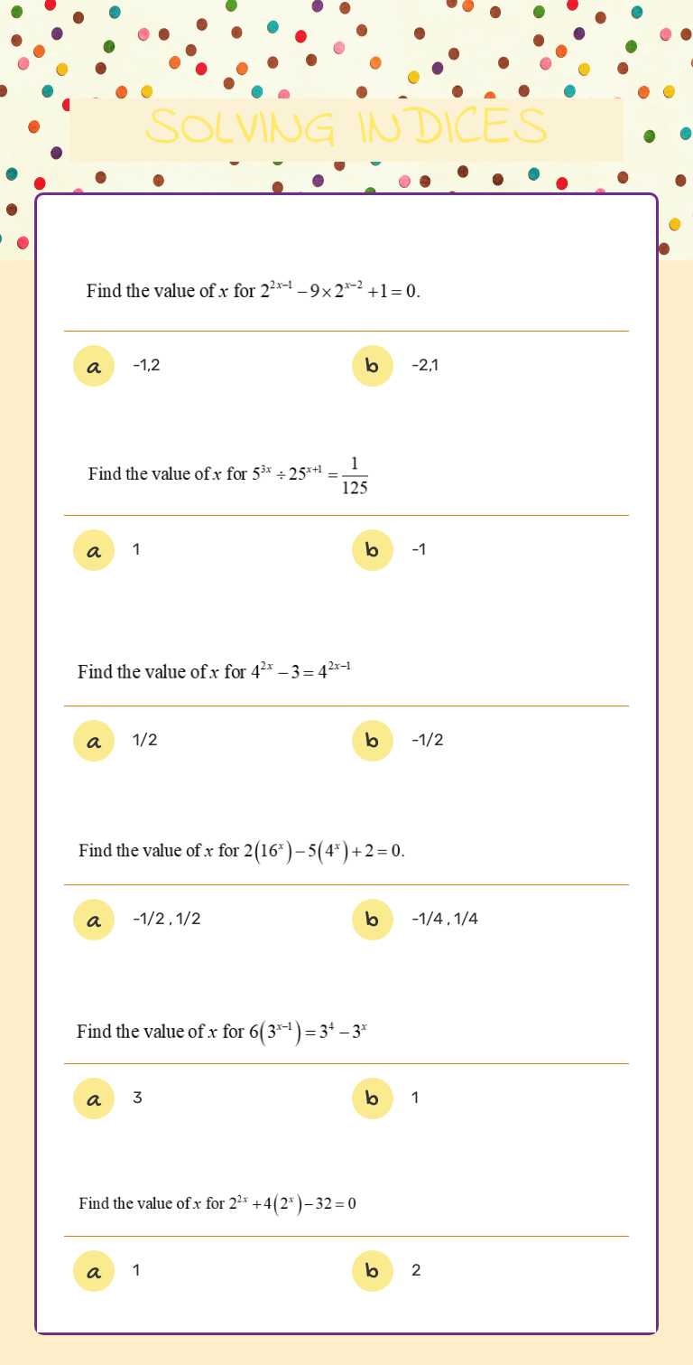 SOLVING INDICES worksheet preview image