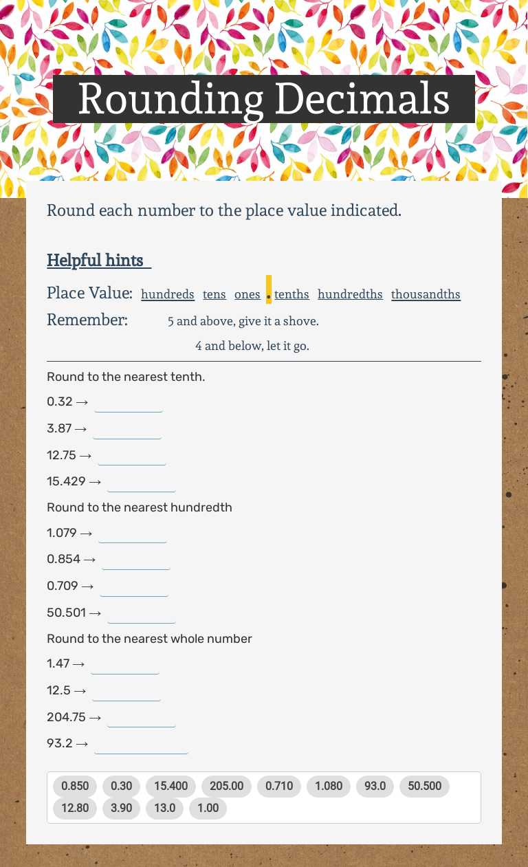 Rounding Decimals Grade 5 worksheet preview