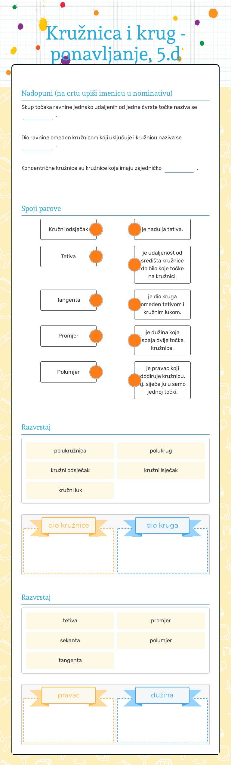 Kružnica i krug - ponavljanje, 5.d worksheet preview image