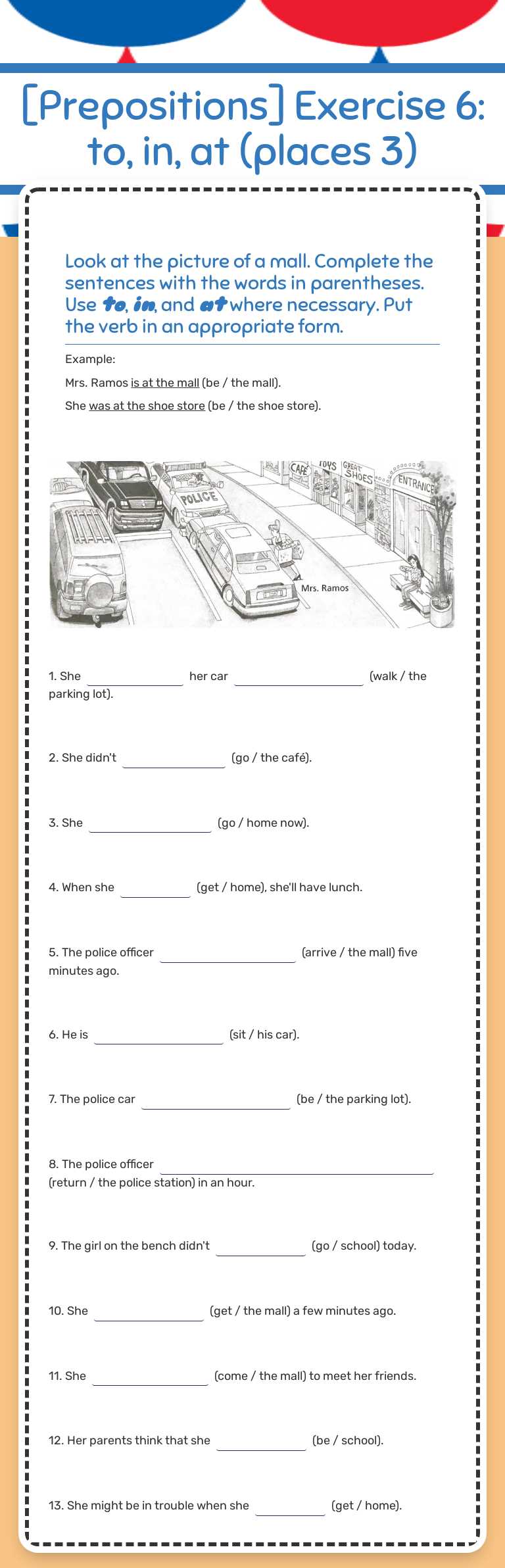 [Prepositions] 
Exercise 6: to, in, at (places 3) worksheet preview image