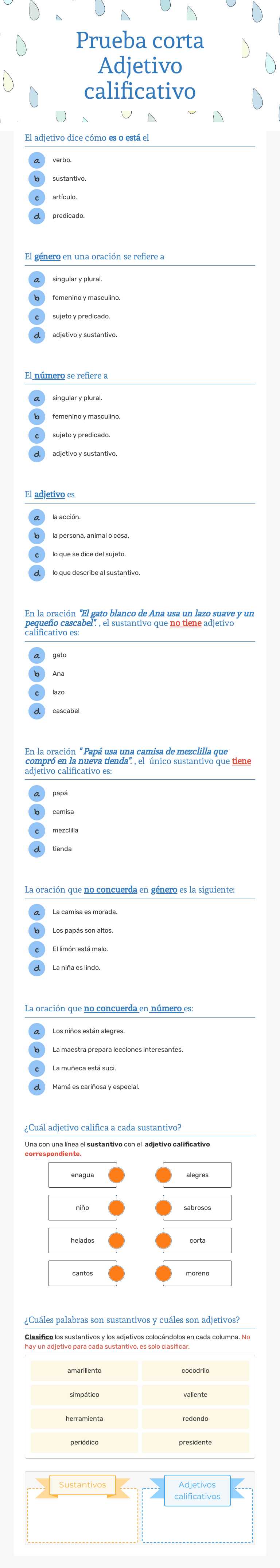 Prueba corta Adjetivo calificativo worksheet preview image