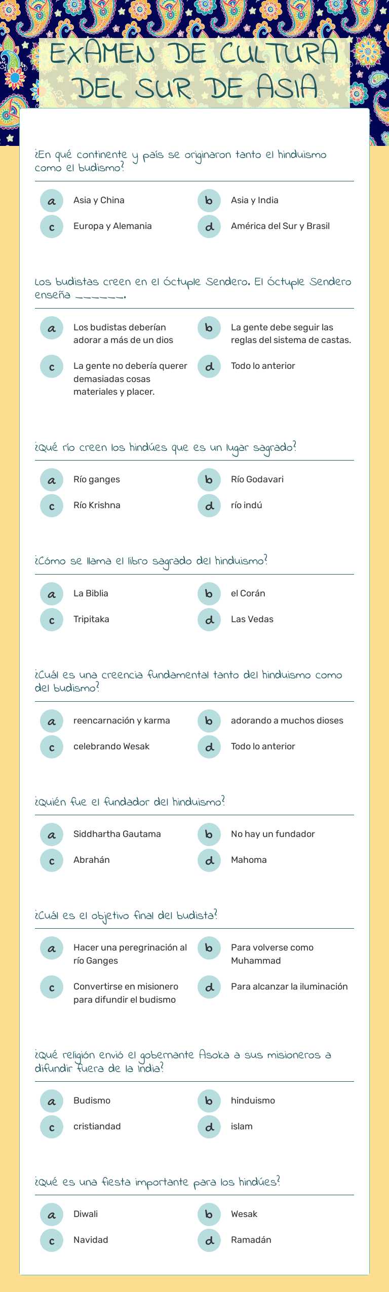 EXAMEN DE CULTURA DEL SUR DE ASIA worksheet preview