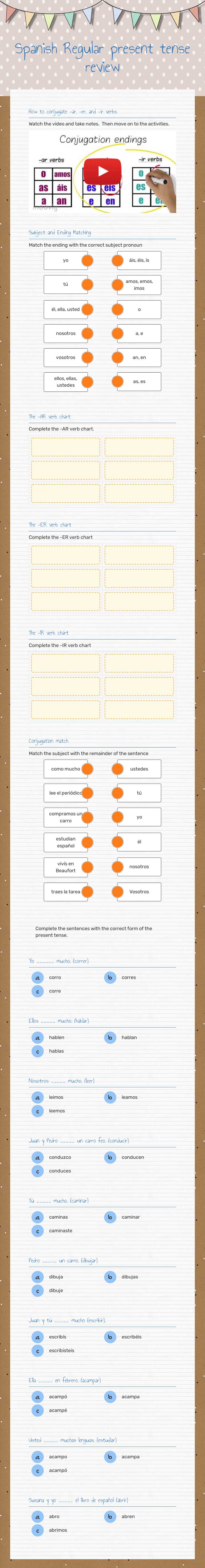 Spanish Regular present tense review worksheet preview image