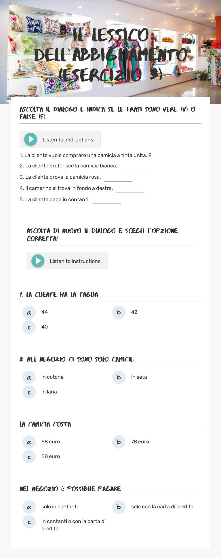 IL LESSICO DELL`ABBIGLIAMENTO (ESERCIZIO 3) Grade 12 worksheet preview