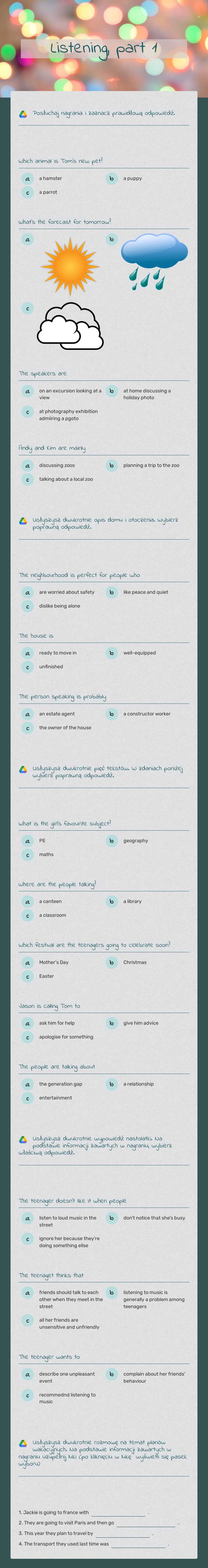 Listening, part 1 Grade 8 worksheet preview