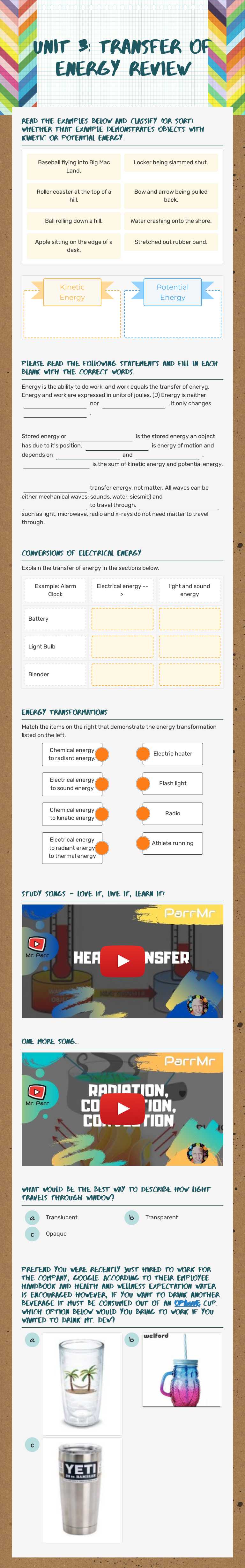 Unit 3: Transfer of energy Review worksheet preview image