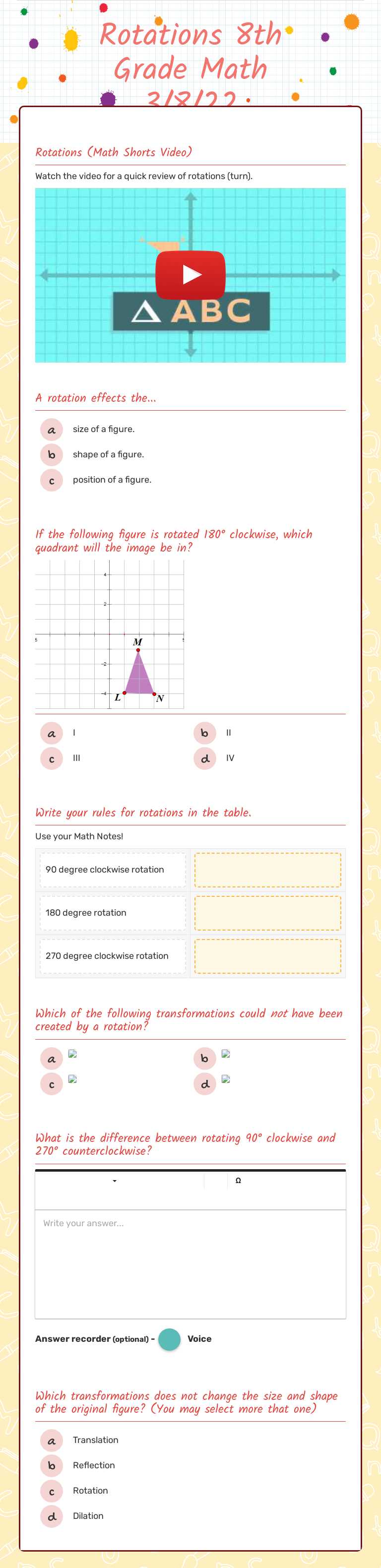 Rotations 8th Grade Math 3/8/22 Grade 8 worksheet preview