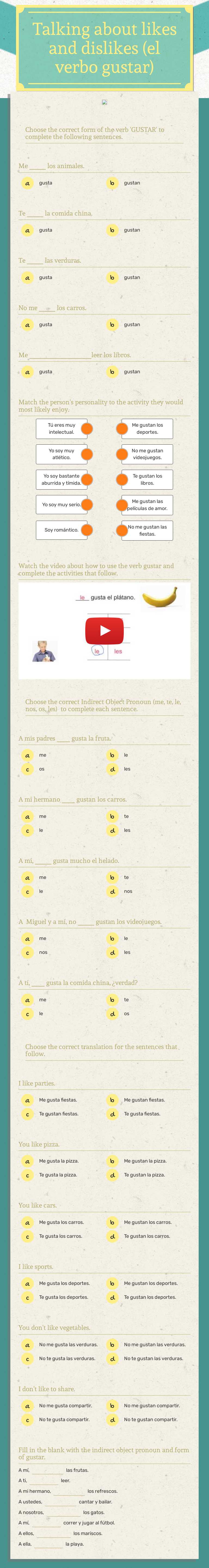 Talking about likes and dislikes (el verbo gustar) Grade 9 worksheet preview