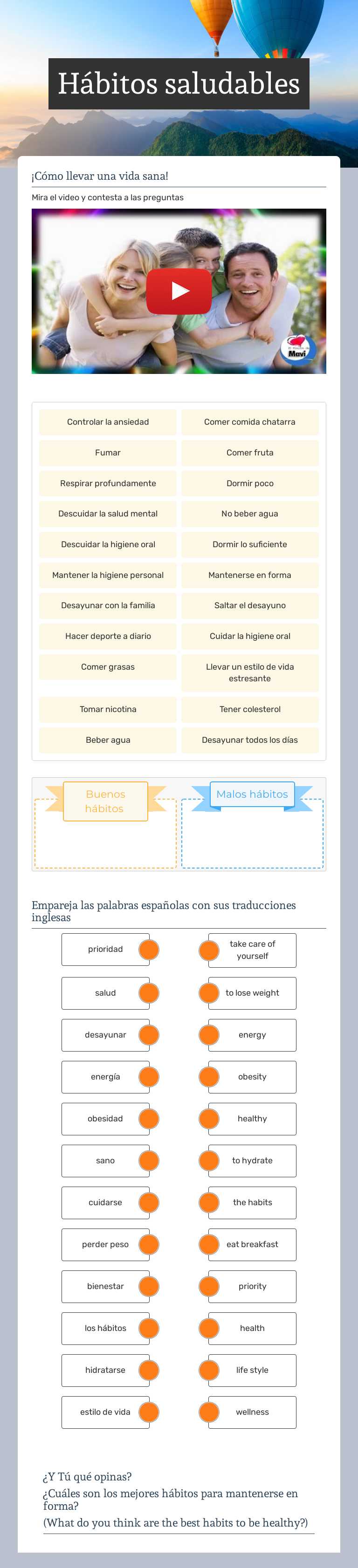 Hábitos saludables worksheet preview image