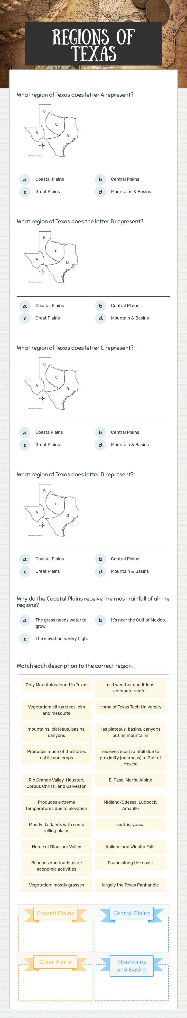 Regions of Texas worksheet preview image