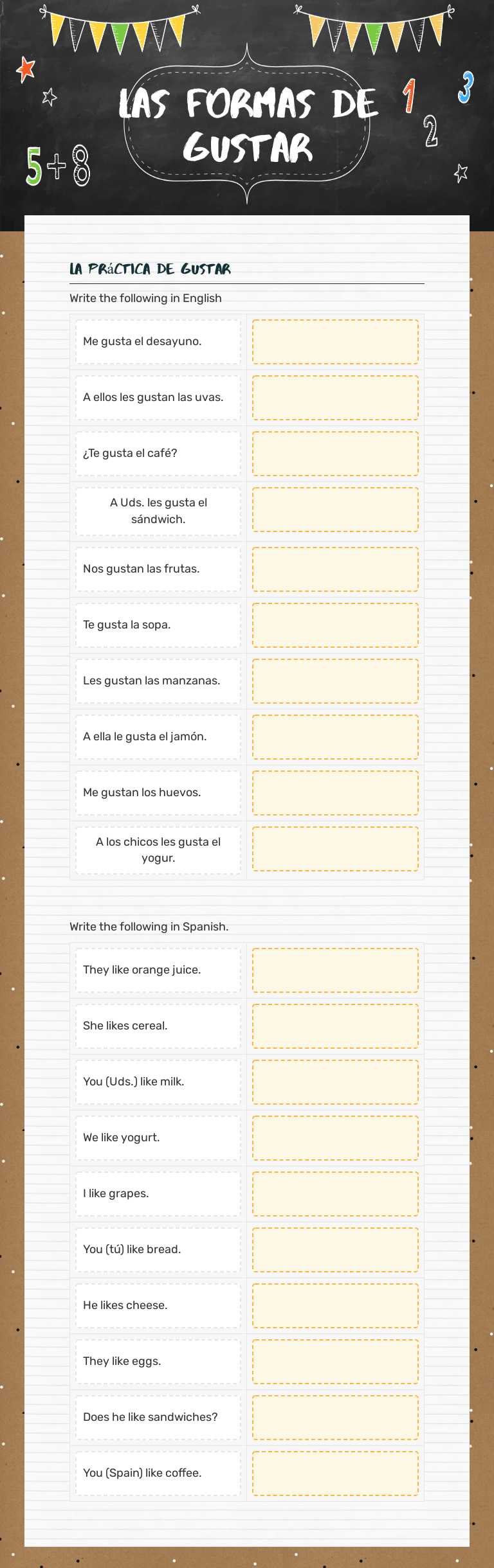 Las formas dE Gustar worksheet preview image