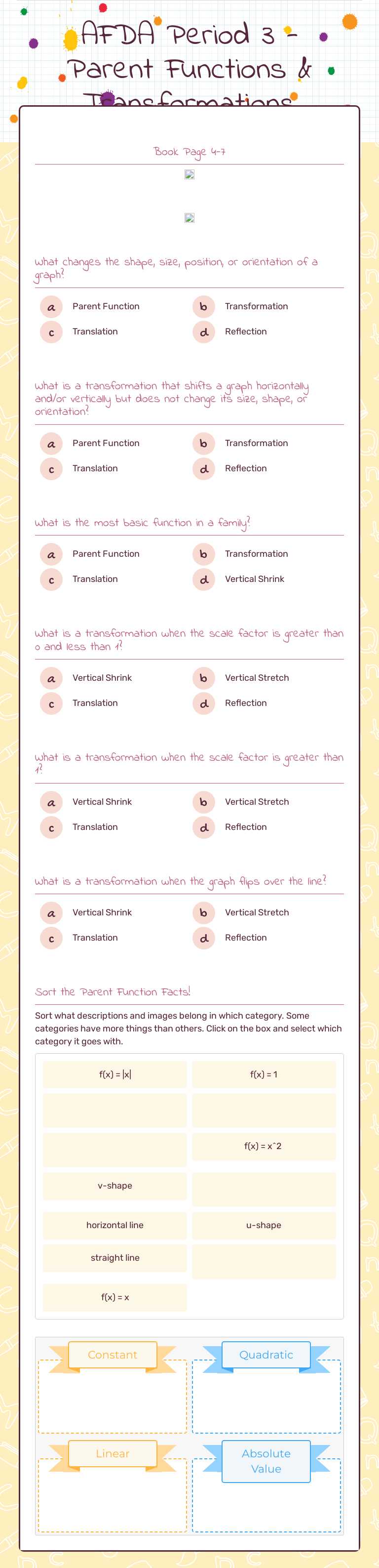 AFDA Period 3 - Parent Functions & Transformations worksheet preview image