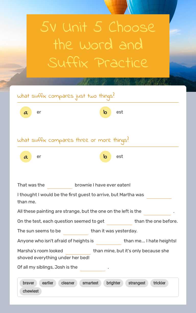 5V Unit 5 Choose the Word and Suffix Practice worksheet preview image