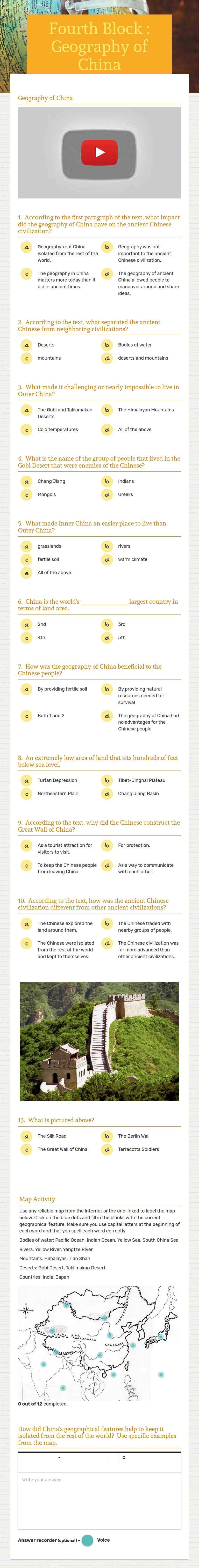 Fourth Block : Geography of China worksheet preview image
