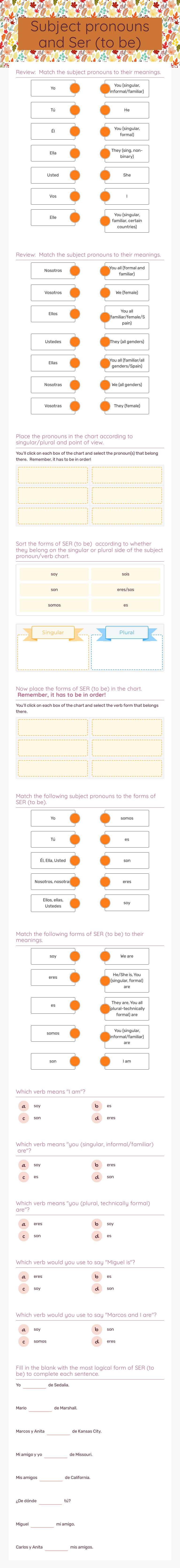 Subject pronouns  and Ser (to be) worksheet preview image