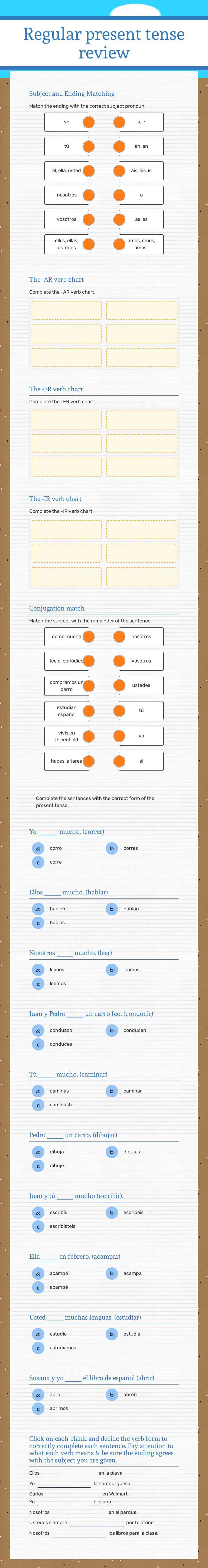 Regular present tense review worksheet preview image