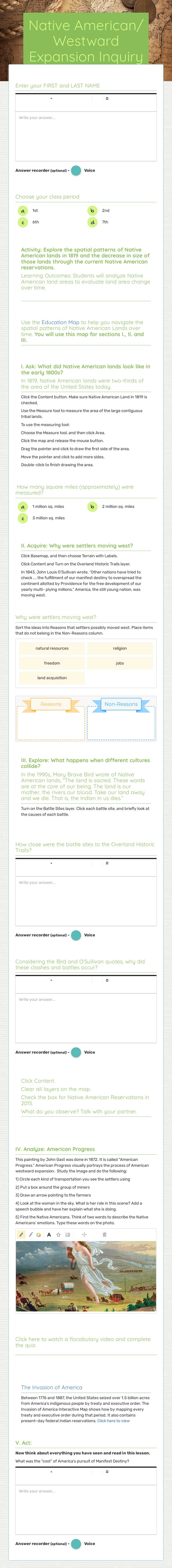 Native American/ Westward Expansion Inquiry worksheet preview image