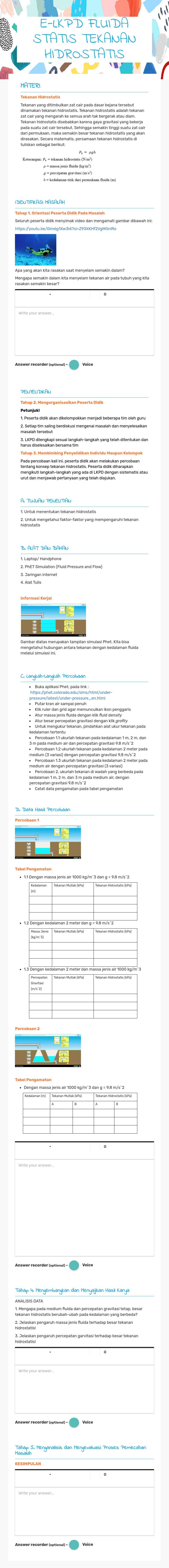 E-LKPD FLUIDA STATIS TEKANAN HIDROSTATIS worksheet preview image