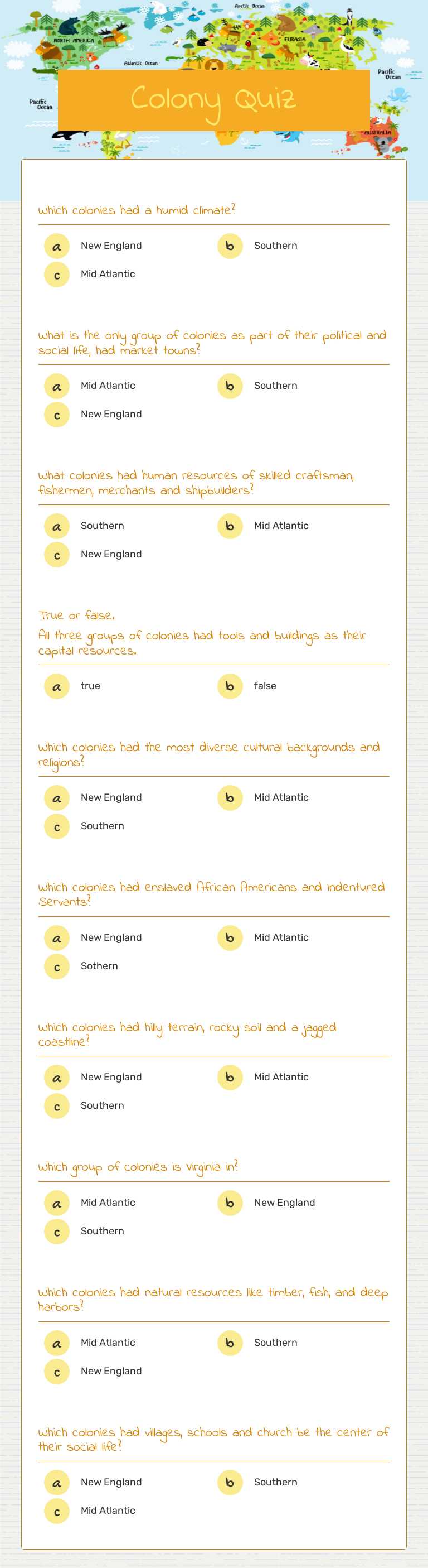 Colony Quiz worksheet preview image