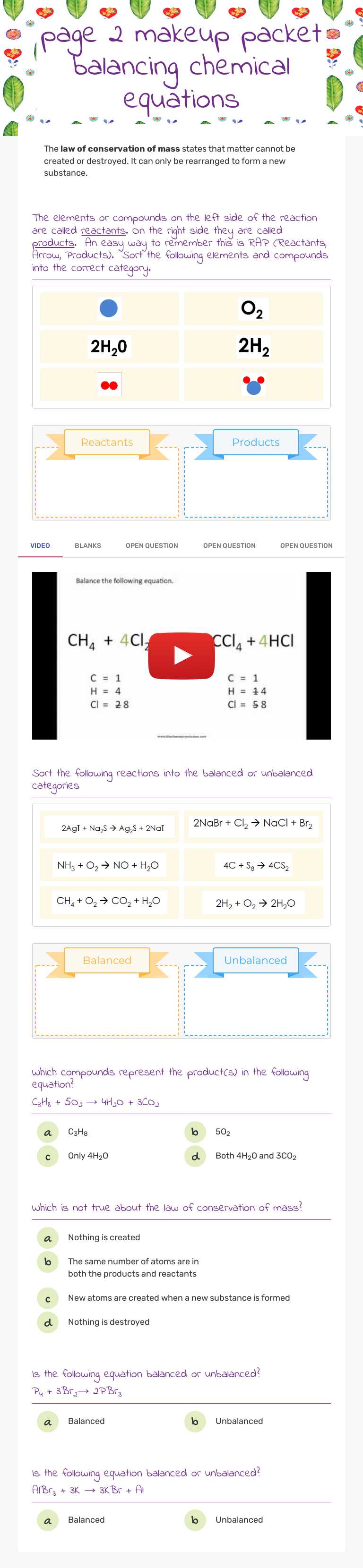 page 2 makeup packet balancing chemical equations Grade 8 worksheet preview