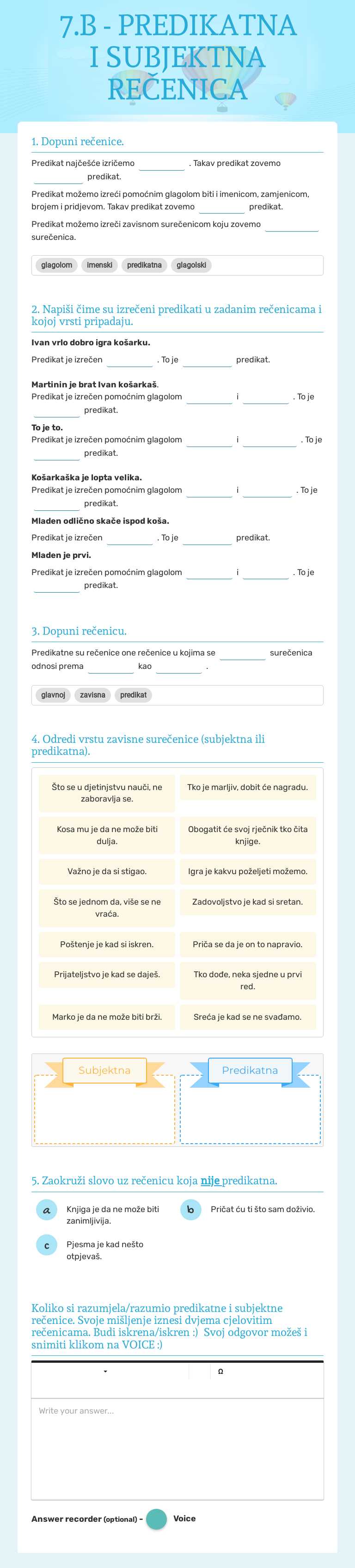 7.B - PREDIKATNA I SUBJEKTNA REČENICA worksheet preview image
