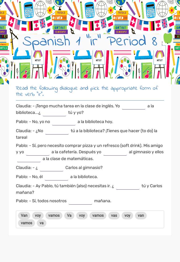 Spanish 1   "ir" Period 8 Grade 8 worksheet preview