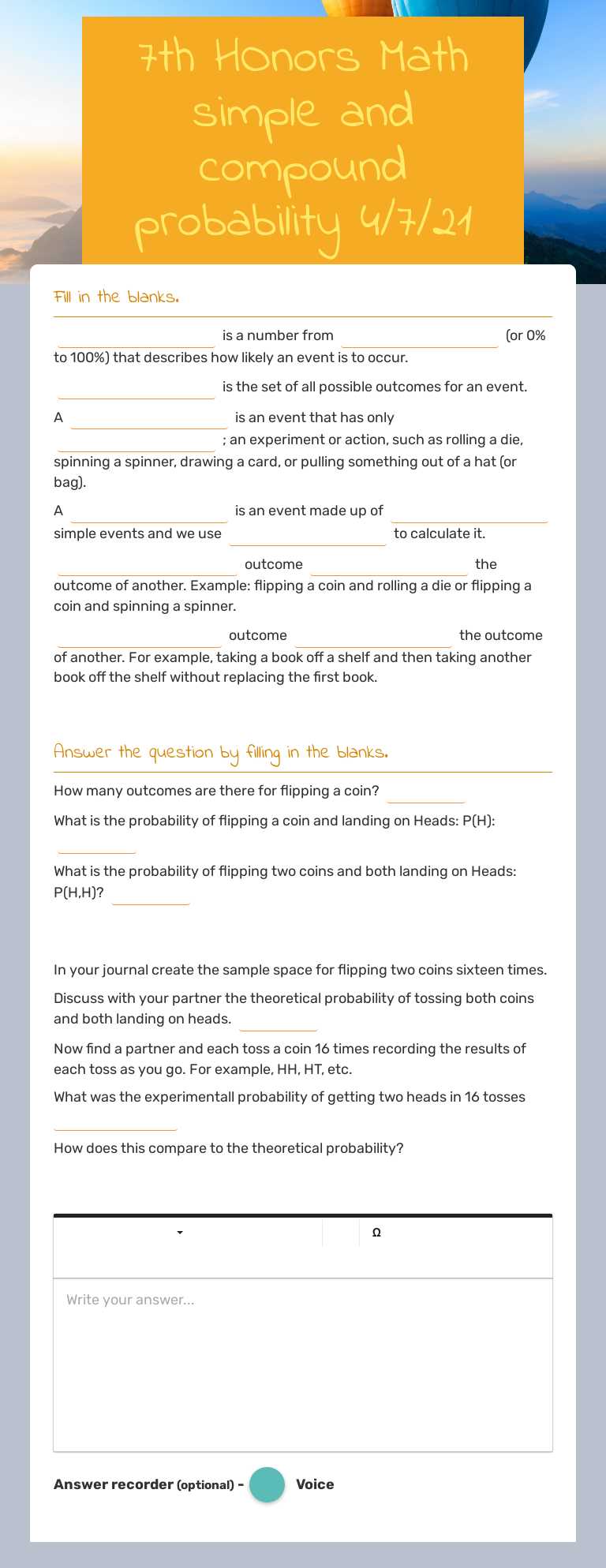 7th HOnors Math simple and compound probability 4/7/21 worksheet preview image