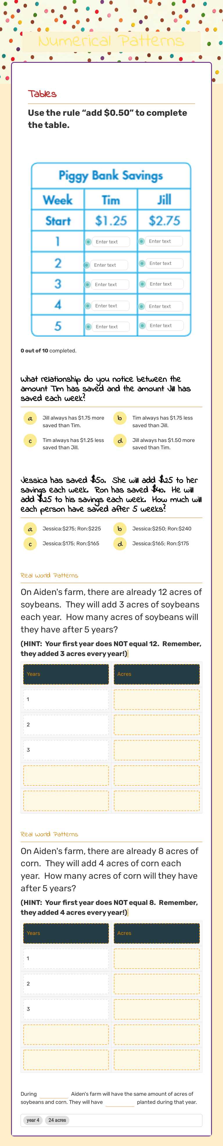 Numerical Patterns worksheet preview image
