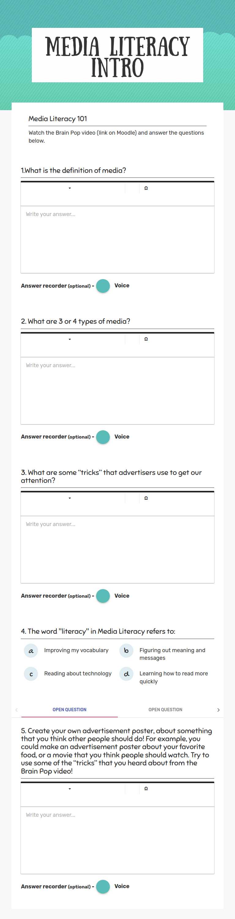 Media Literacy intro worksheet preview image