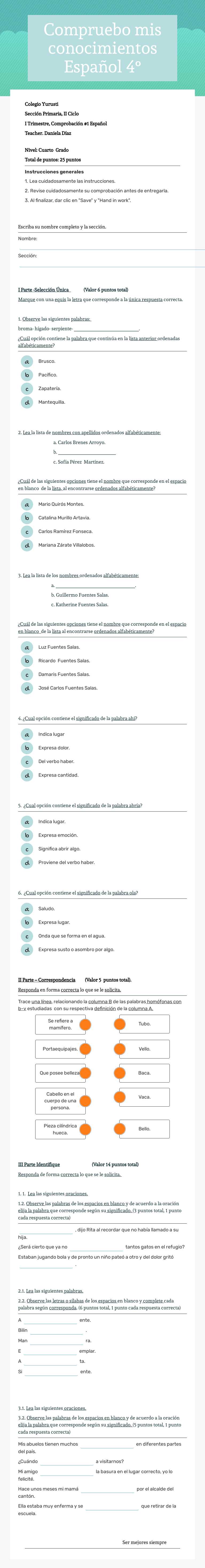 Compruebo mis conocimientos Español 4° Grade 4 worksheet preview