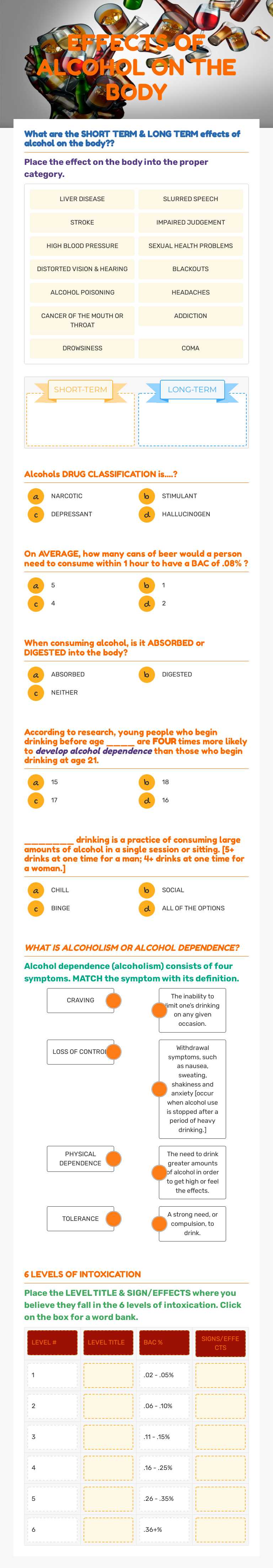 EFFECTS OF ALCOHOL ON THE BODY worksheet preview image